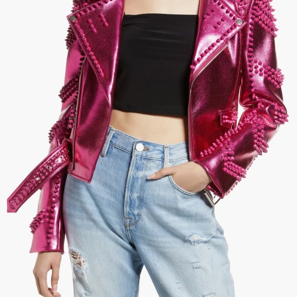 AZALEA WANG PINK Spike Metallic Belted Faux Leather Moto Jacket MEDIUM - Picture 2 of 2